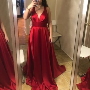 Red satin Dave and Johnny prom dress